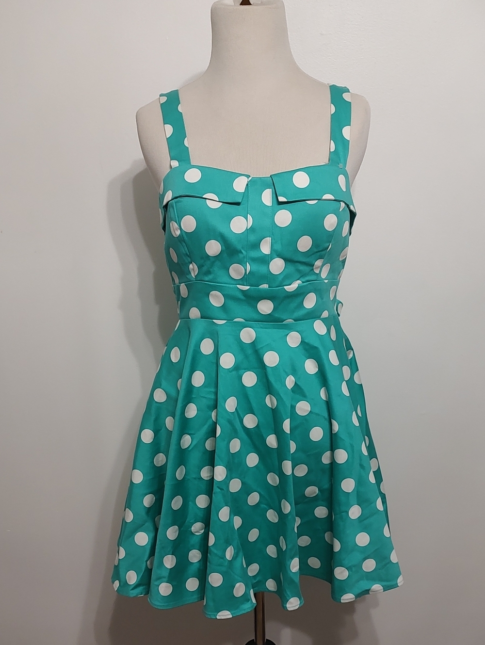 Polka Dot Cotton Blend Dress in Teal and White